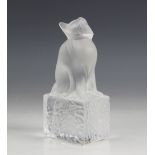 A Lalique model of a cat, modelled seated upon an etched rectangular base, signed to base, 15.2cm