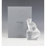 A Lalique model of a cat, modelled seated upon an etched rectangular base, signed to base, 14cm
