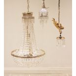 A 19th century style gilt metal and glass droplet basket chandelier, late 20th century, with two
