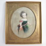 English School (mid 19th Century), Portrait of a young girl in a green dress, Pastel on paper,