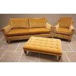 A Duresta 'Trafalgar' three seater sofa, in mustard coloured velour fabric, raised upon front legs