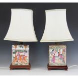 Two Chinese table lamps, early 20th century, each modelled as a flower brick with Canton famille
