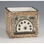 A Troika Pottery square vase, mid 20th century, decorated by Sally Wharf with incised and painted