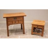 A contemporary Chinese influence golden elm side/altar table, the rectangular slab top above an