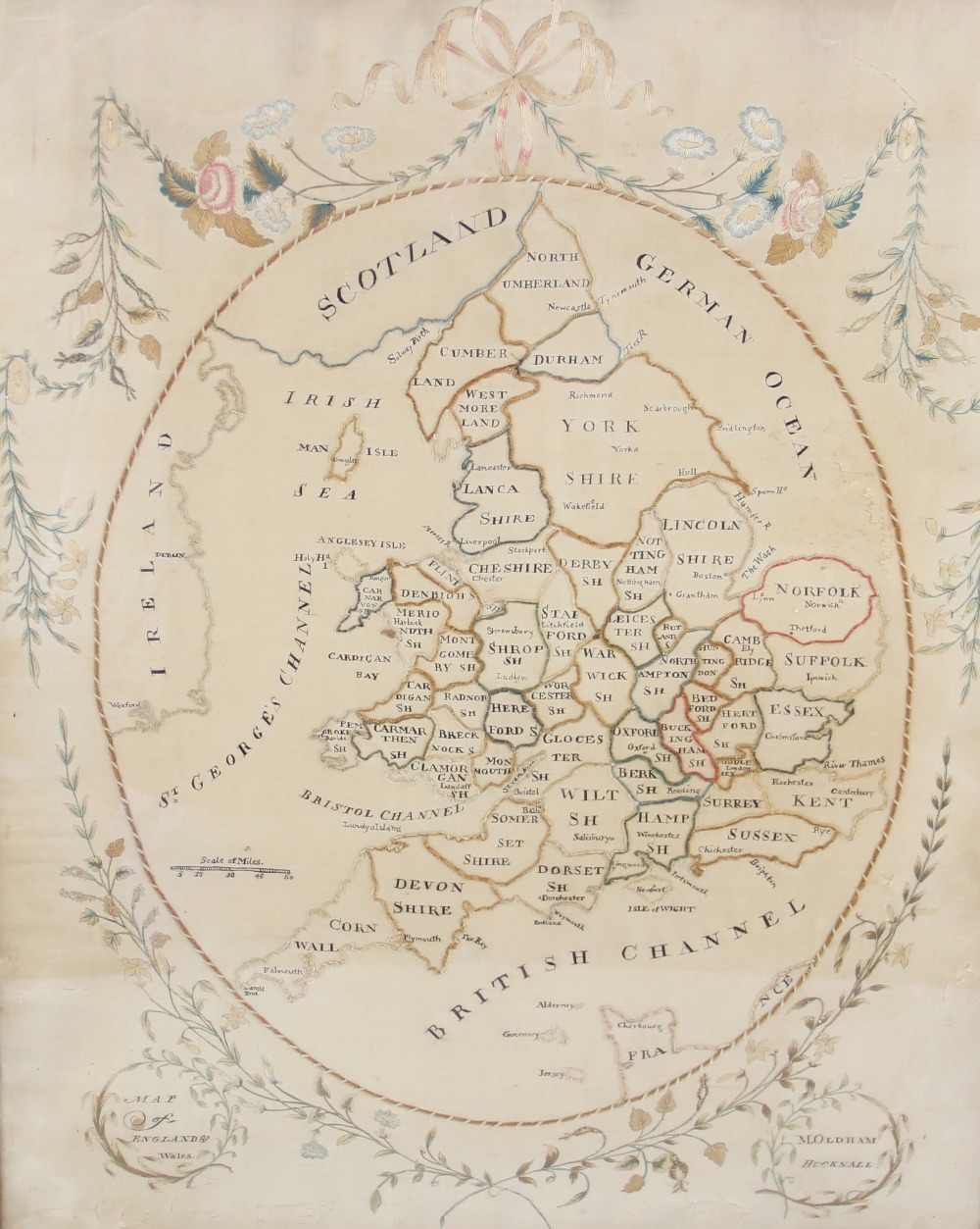 An early 19th century silk work map sampler, by M Oldham, Hucknall, depicting England and Wales with