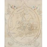 An early 19th century silk work map sampler, by M Oldham, Hucknall, depicting England and Wales with