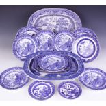 A collection of English blue and white transfer printed dinner wares, to include a Burleigh Ware