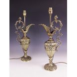 A pair of Victorian style gilt brass ewer table lamps, early 20th century, each of lobed baluster