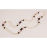 A pearl, hematite, amethyst and rose quartz necklace, designed as a single row of button pearls,