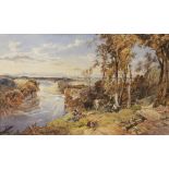 English school (19th century), Rustic figures by a river collecting wood, Watercolour on paper,