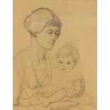 English school (20th century), Study of a mother and child, Charcoal and pencil on paper,