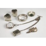 A Victorian silver pocket watch upon a silver chain (at fault) a silver vesta vase and silver fob