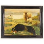 Welsh school (19th century), Sheep and lamb with a resting sheepdog in a lakeland landscape, Oil