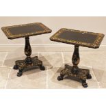 A pair of Canton black lacquer pedestal occasional tables, 20th century, the rectangular tilt tops