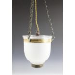 A frosted glass pendant light shade, early 20th century, of domed form, the shade suspended by three