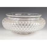 A hobnail cut glass bowl of large proportions, 20th century, of squat form with flared faceted