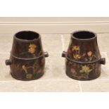 A near pair of Chinese elm rice buckets, each of coopered tapering form, both painted with birds