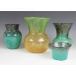 Three Vasart glass vases, each with swirled black and aventurine speckled rims, 7.5cm high, 16cm and