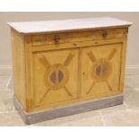A painted French style side cabinet, 19th century and later, the simulated marble top with canted