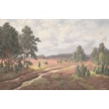 Gustav Schmidt (German, 20th century), An extensive heather-filled landscape, Oil on canvas,