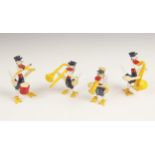 A miniature painted glass four piece duck figural band, mid 20th century, comprising drummer,