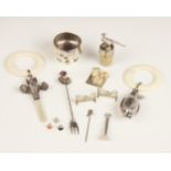 A selection of silver and silver coloured accessories, to include a novelty silver rattle,