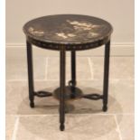 A Chinese black lacquer occasional table, early 20th century, the circular top painted with