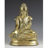 A South East Asian bronze model of buddha, 19th/20th century, Seated in dhyanasana on a plinth