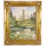 English school (20th century), A lily pond, Oil on board, Signed "Barron" lower right, 50cm x