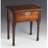 A George III mahogany apprentice piece/hinged stool, the rectangular hinged top with rounded corners