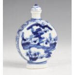 A Chinese porcelain blue and white porcelain snuff bottle, 20th century, the moon flask shaped