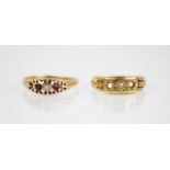An early 20th century diamond and ruby set 18ct gold ring, designed as a central round mixed cut