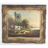 English school (19th century), Milking on a riverbank with church beyond, Oil on canvas, Unsigned,
