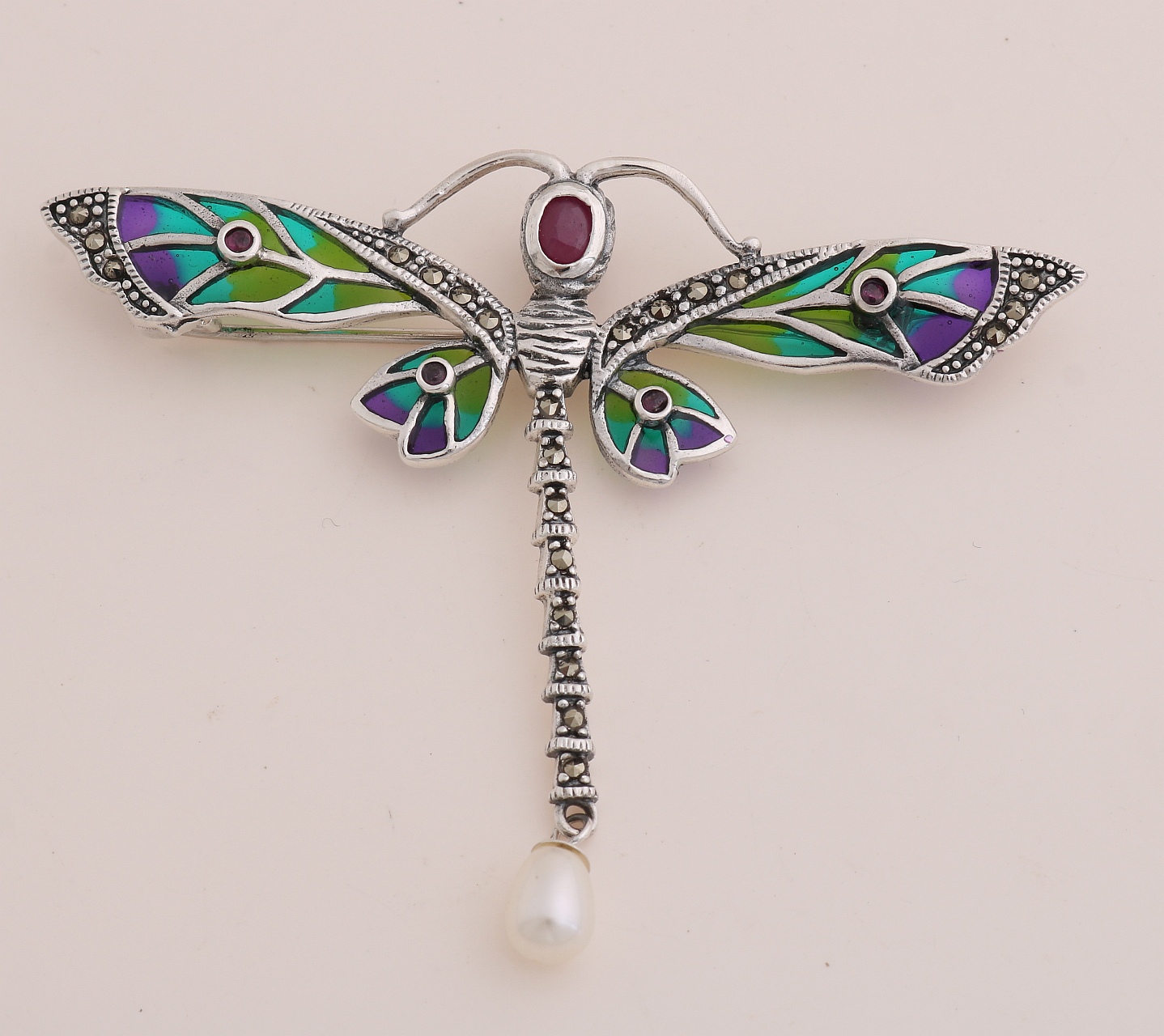 Silver brooch with enamel, dragonfly