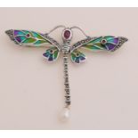 Silver brooch with enamel, dragonfly