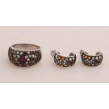 Silver ring and ear studs multi colour