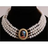 Pearl necklace with gold enamel portrait pendant