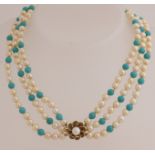 Necklace of pearls with turquoise and gold