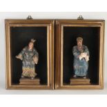 2x Antique temple figures in shadow box
