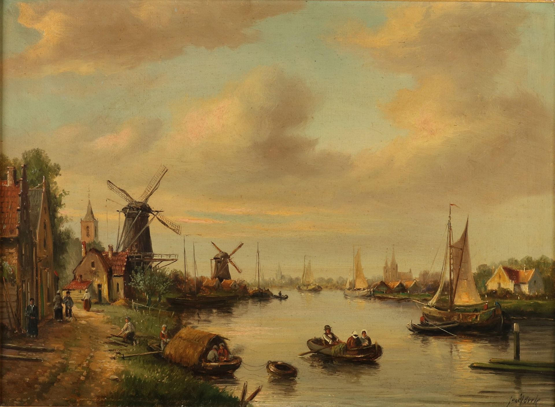 JM Beek, River view with windmills, boats and figures - Image 2 of 2