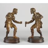 Two antique bronze figures, H 27 cm.