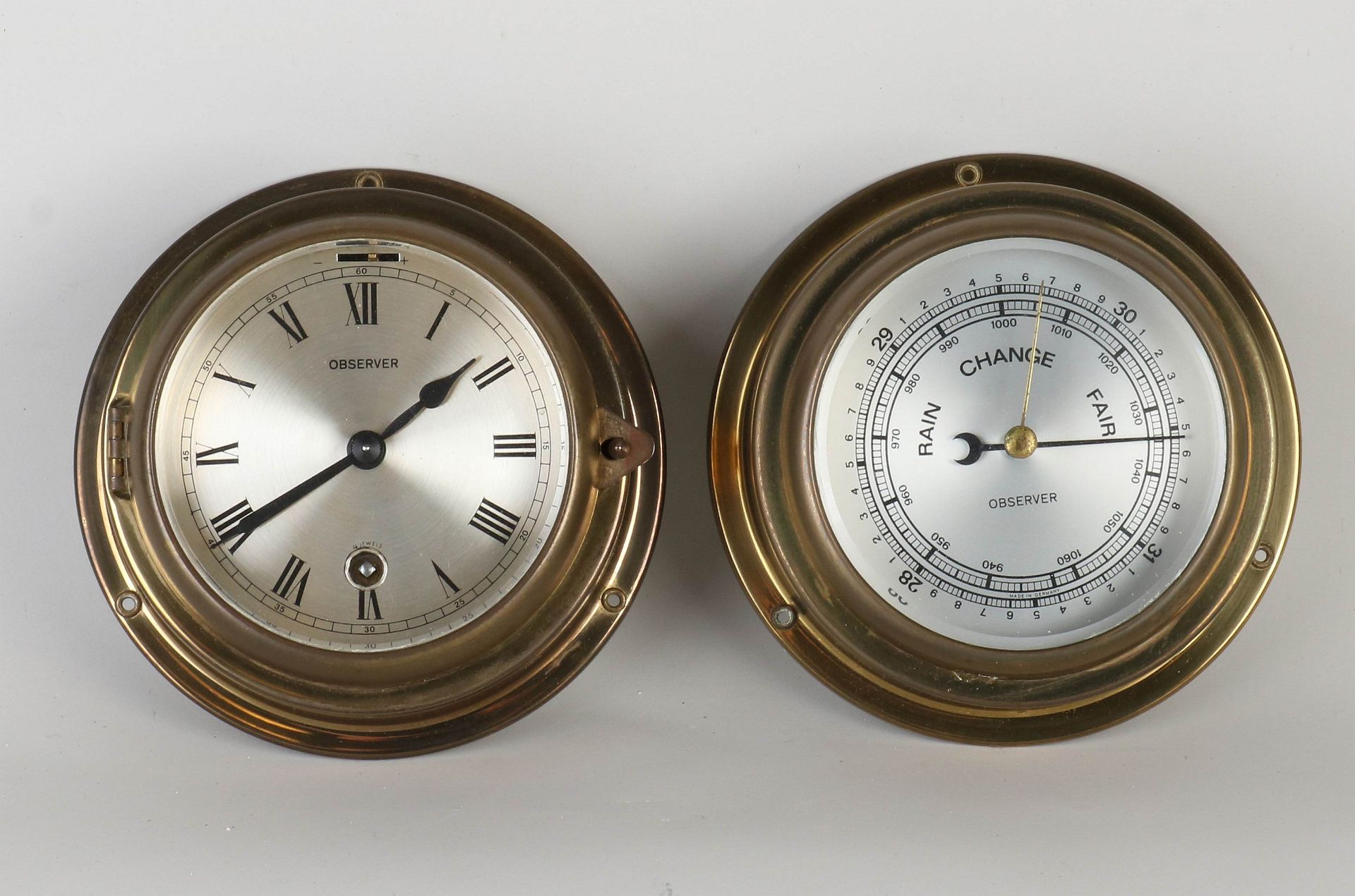 Old brass Observer ship's clock + barometer