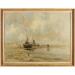 unclear. gesig., Beach view with barges and fishermen