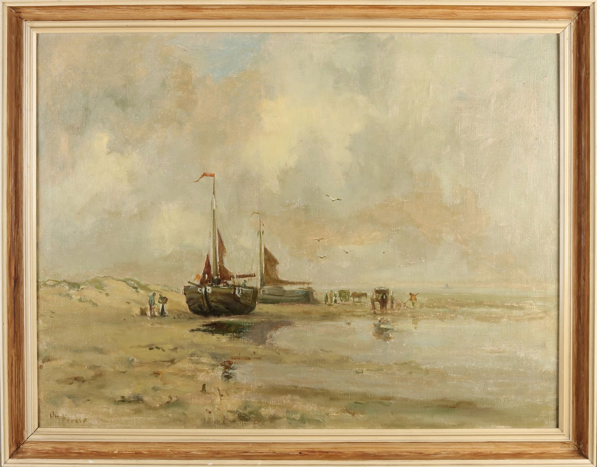 unclear. gesig., Beach view with barges and fishermen