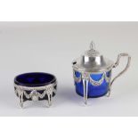 Silver mustard pot & salt cellar with blue glass