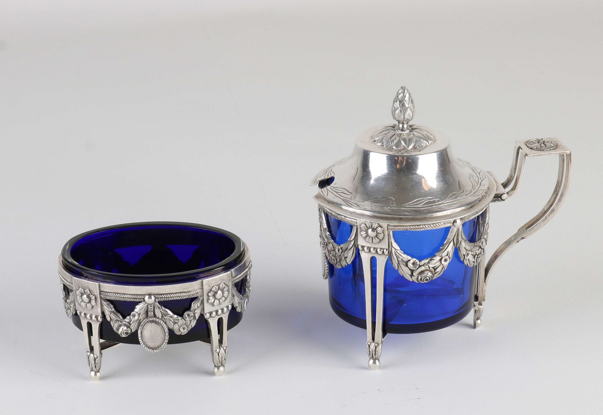 Silver mustard pot & salt cellar with blue glass