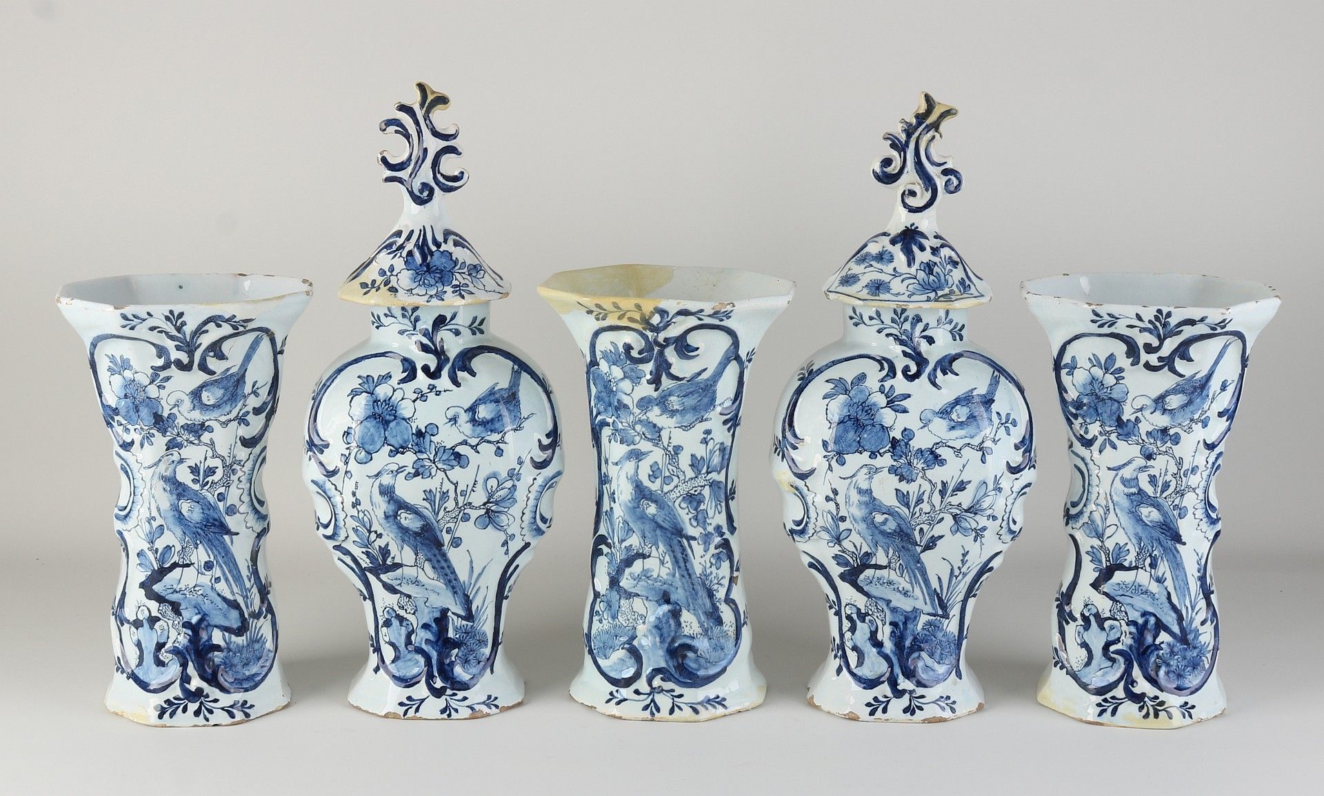 18th century five-piece Delft cabinet set