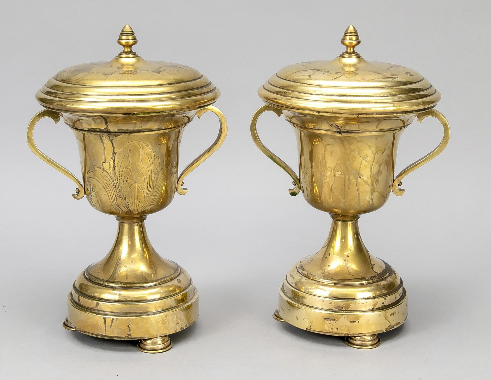 Two brass lidded vases, 1900