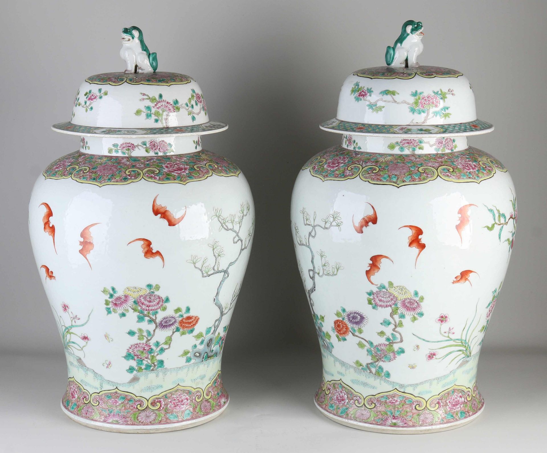 Two large Chinese Family Rose vases with lids, H 56 cm. - Image 2 of 3