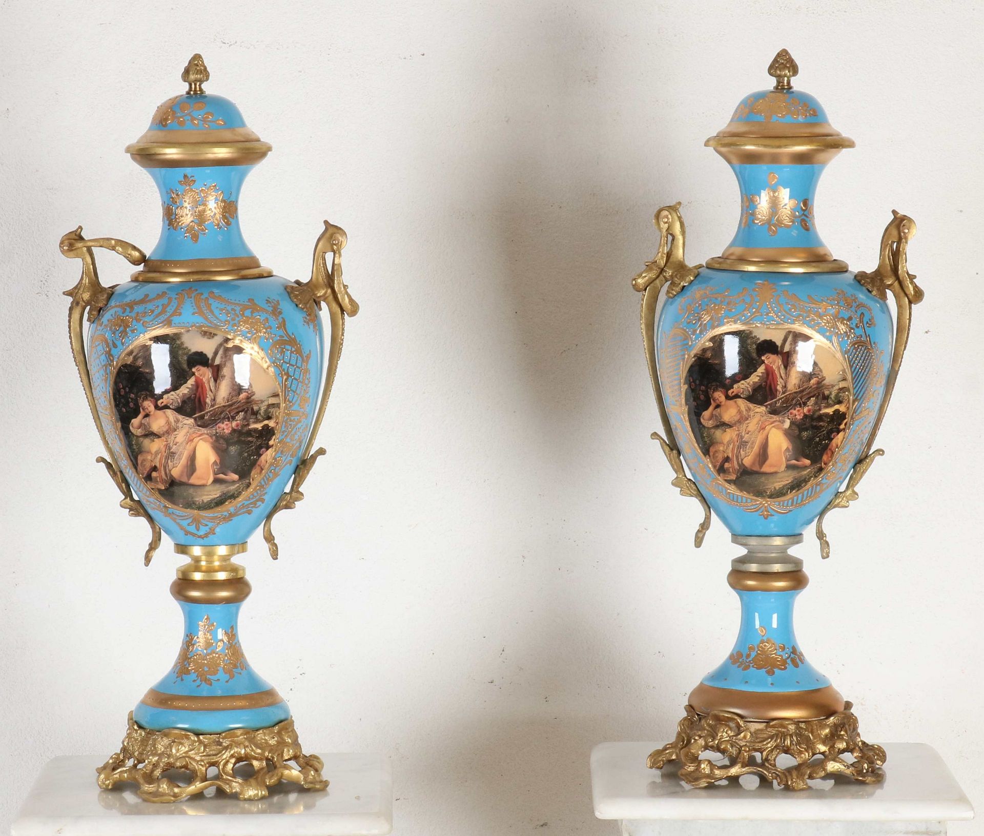 Two Sevres style piedestals + vases - Image 2 of 3